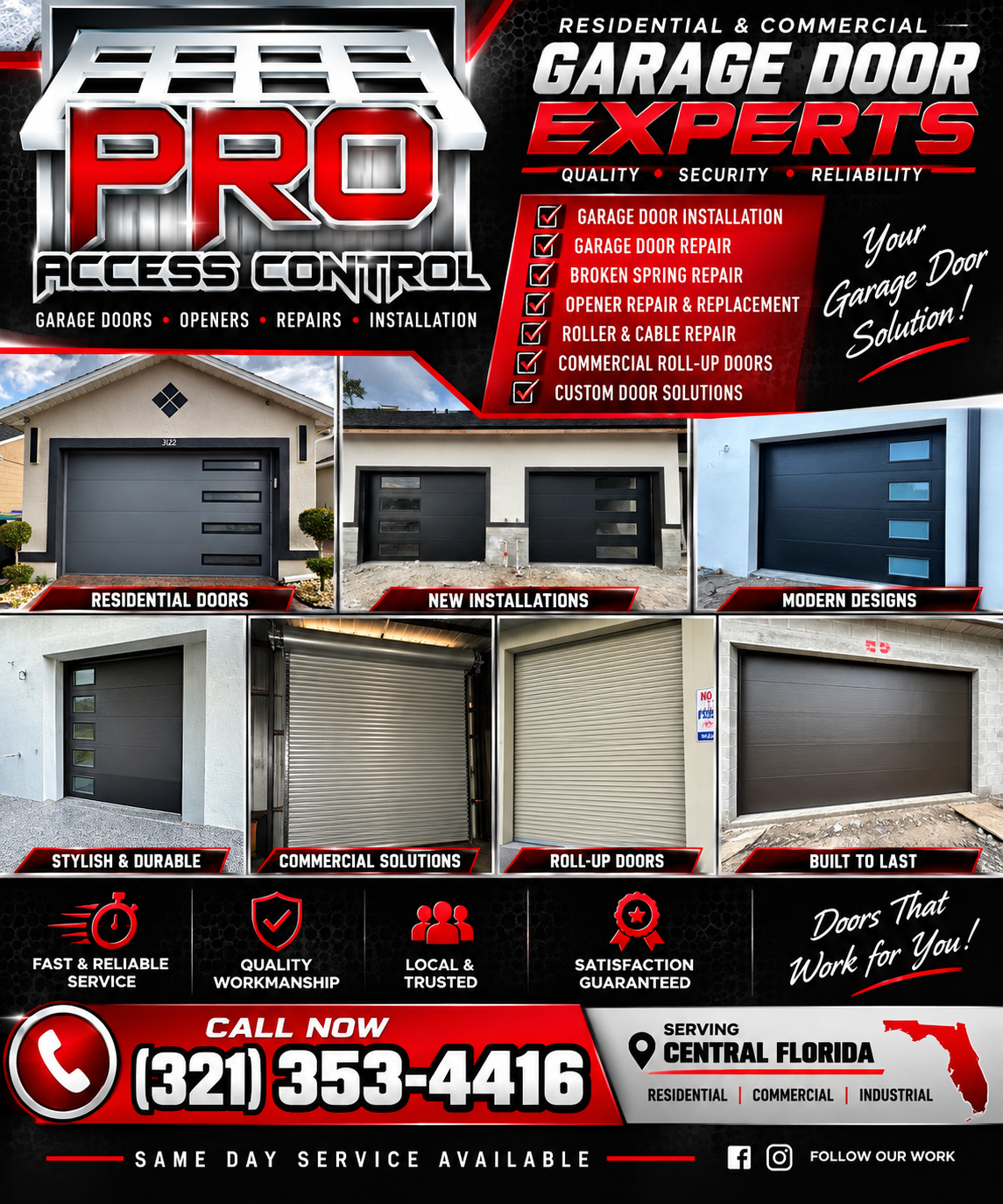 Pro Access Control garage door services flyer featuring residential garage doors and commercial roll-up doors